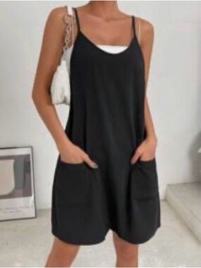 Black Sleeveless Pocket Romper